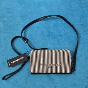 Brand New Karl Lagerfeld Black and White Striped Crossbody Bag.
